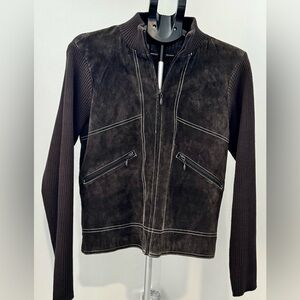 Chic Brown Suede and ribbed knit zip-up jacket
